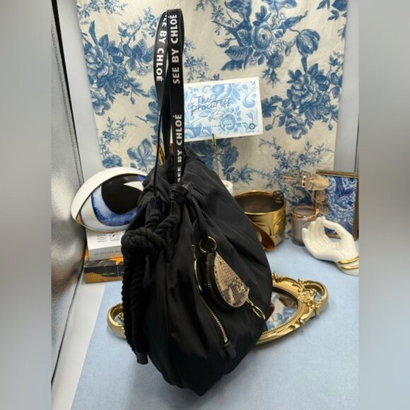 🆕 SEE BY CHLOE 🧿 NWOT Flo Shoulder Bag, Black Nylon - Picture 5 of 16